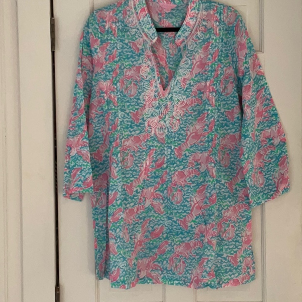 NWOT LILLY PULITZER XL lobstah pattern with white beads pink blue lobster cotton